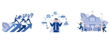 Fikirler, para ve yaratıcı bulmaca çözme, kişisel finans yönetimi ve bütçe, gayrimenkul üzerine genç bir aile için ipotek, konut yatırımları, düz vektör modern illüstrasyon