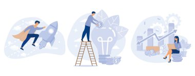 İş kuvözü, başlangıç hızlandırıcısı, yatırım fonu, girişim danışmanlığı, iş fırsatı, melek yatırımcı, düz vektör modern illüstrasyonunu ayarla