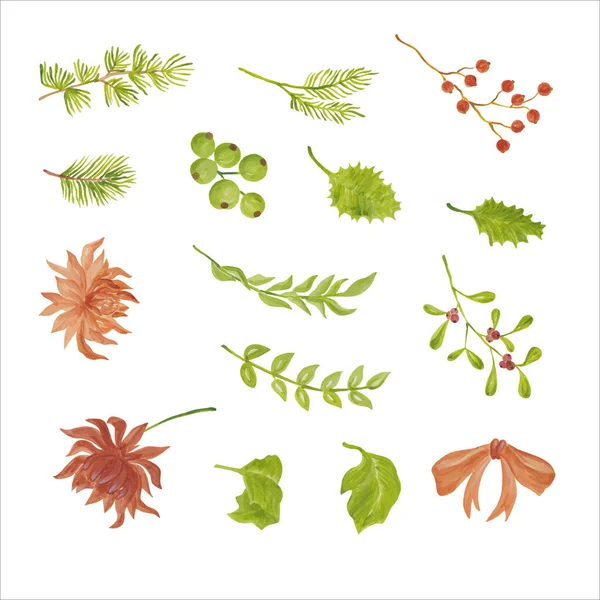 Blätter Beeren Und Blumen Weihnachten Handgezeichnete Aquarell Vektorillustration Für Grußkarte — Stockvektor