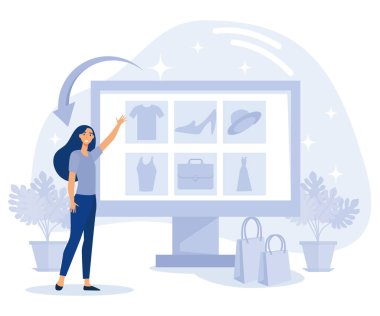 Pazarlama ve satış konsepti, yükseltme ve tırmanma, webrooming ve dijital mal araştırması, müşteri motivasyonu, e-ticaret, düz vektör modern illüstrasyon