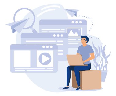 Profesyonel SEO hizmetleri kavramı, anahtar kelime araştırması, kopya optimizasyonu, içerik planı, web kampanyası, arama motoru, çevrimiçi sosyal medya planlayıcısı, düz vektör modern illüstrasyon