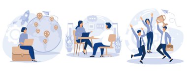 Çalışanların konsepti, Expat işi, iş görüşmesi, takım çalışması gücü, göçmen işçiler, aday seçimi, röportaj için hazırlık, düz vektör modern illüstrasyon