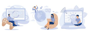Programlama ekibi konsepti. Bilgisayar oyunları, sanal dünya ve IoT gelişimi, VR grafik tasarımı, test ve konuşlanma, şeylerin interneti. Düz vektör modern illüstrasyonunu ayarla