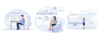Web sitesi mimari konsepti, Web geliştirme, PHP ve MySql, CMS içerik yönetim sistemi, arayüz tasarımı, yazılım denemesi, düz vektör modern illüstrasyonunu ayarla