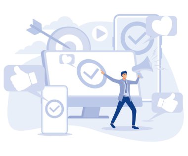 Çevrimiçi dijital kampanya kavramı, Reklamcılık, satın alma başına maliyet, çoklu aygıt hedefleme, hedef kitle, medya planlaması, PPC stratejisi, düz vektör modern illüstrasyon