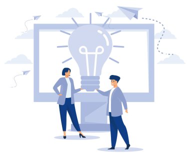 İş verimliliği kavramı, yenilikçi çözüm, fikir yönetimi ve üretkenlik yazılımı takım çalışması, düz faktör modern illüstrasyon