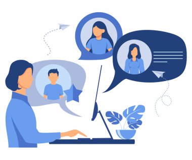 İnternet, sosyal ağ üzerinden iletişim, sohbet, video, haber, mesaj, web sitesi, arama arkadaşları, mobil web grafikleri, düz vektör modern illüstrasyon