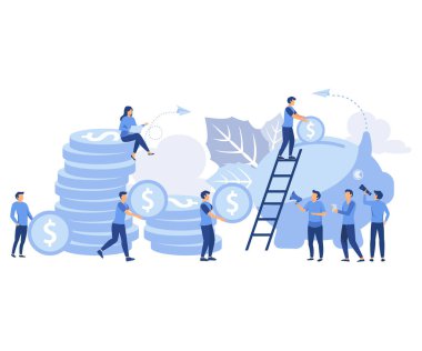 Finansal hizmetler, küçük bankacılar para biriktirmek ya da biriktirmek için çalışırlar. Düşen, düz vektör modern illüstrasyonlu bir para kutusu.