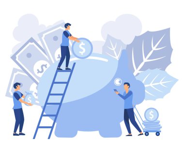 Finansal hizmetler kavramı, küçük bankacılar çalışırlar, para biriktirirler ya da biriktirirler. düz vektör modern illüstrasyon