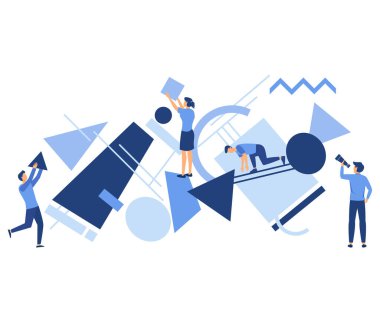 Bir grup insan soyut geometrik bir bulmaca oluşturuyorlar. Karakterler geometrik şekiller toplar, düz vektör modern illüstrasyon