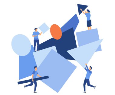 Bir grup insan soyut geometrik bir bulmaca oluşturuyorlar. Karakterler geometrik şekiller toplar, düz vektör modern illüstrasyon