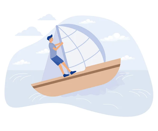Water sport concept, Water skiing, surfing and sailing, active lifestyle, summer adventure, swim wetsuit, yacht club, flat vector modern illustration