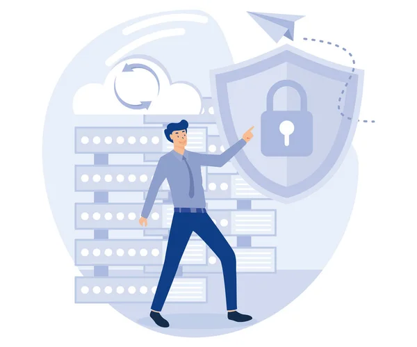 データベースセキュリティの概念 データ保護 ディスクインフラストラクチャ ビジネス情報の安全性 フラットベクトルモダンなイラスト — ストックベクタ