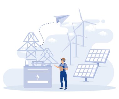 Akümülatör pil kullanımı konsepti, yenilikçi pil teknolojisi, enerji depolama, güvenli enerji cihazı, düz vektör modern illüstrasyon