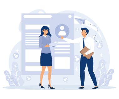 İstihdam süreci kavramı, iş görüşmesi, CV çevrimiçi, kapak mektubu, aday profili, üye alımı, düz vektör modern illüstrasyon