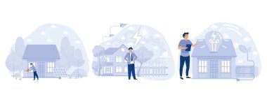 Çevre dostu inşaat konsepti, eko ev, pasif ve enerji artı bina, atık geri dönüşümü, ısıtma verimliliği, düz vektör modern illüstrasyonunu ayarla