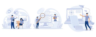 Proje geliştirme özellikleri kavramı, iş analizi, yazılım gereksinimi açıklaması, vizyon ve kapsam belgesi, düz vektör modern illüstrasyonunu ayarla