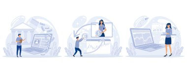 Finansal sistem konsepti, Açık bankacılık platformu, döviz kuru, borsa endeksi, Forex broker, dijital dönüşüm, küresel yatırım. Düz vektör modern illüstrasyonunu ayarla