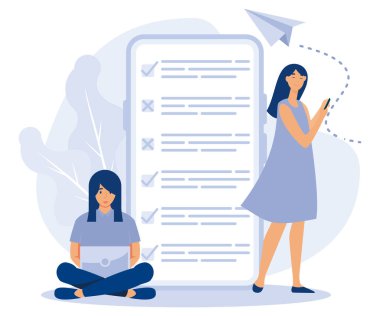 Çevrimiçi anket illüstrasyon kavramı, mobil ve tablet üzerinde online anket formu dolduran insanlar, yassı vektör modern illüstrasyon