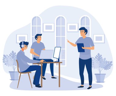 Ekip Üç Erkek Ofis Çalışanları, Aktif olarak Yeni İş Projesi, Geliştiricisi Dizüstü bilgisayar ve Konuşuyor, düz vektör modern illüstrasyon