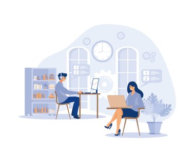 Çalışma akışı konsepti, Sessiz Ortam 'da iki kişi, düz vektör modern illüstrasyon olan Günlük Ofis İşleri ile meşguldür.
