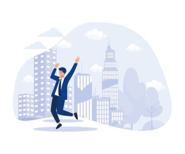 Takım Elbiseli Genç, Zaferine Zafer Kazanan ya da Sorununa Bir Çözüm Bulan, Şansına Sıçrayan, yassı vektör modern illüstrasyonuyla Neşeye Atlayan