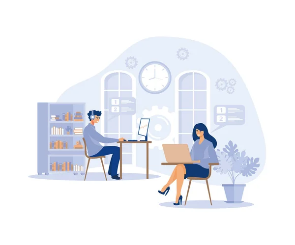 stock vector Workflow concept, Two People, in Quiet Environment are Engaged in Daily Office Affairs, flat vector modern illustration