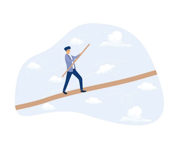 stock vector Conquering Adversity Problem, Man Walking Balancing with Briefcase on Long Wire Tightrope Risk Danger Business Challenge, flat vector modern illustration