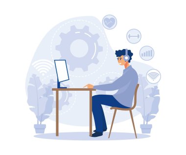 Profesyonel çalışma alanı, çalışan bakımı. Modern işyeri, sağlık odaklı IOT masası, fitness odaklı çalışma alanı, düz vektör modern illüstrasyon