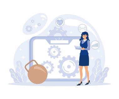 Profesyonel çalışma alanı, çalışan bakımı. Modern işyeri, sağlık odaklı IOT masası, fitness odaklı çalışma alanı, düz vektör modern illüstrasyon