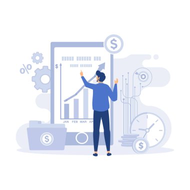 Karakterler borsaya para yatırıyor. Son borsa haberleri ve diğer veriler. Finansal grafikleri, düz vektör modern illüstrasyonları analiz eden insanlar