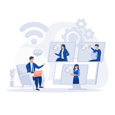 Şirket iş adamları sanal ofis, dijital çalışma alanı, düz modern vektör illüstrasyonunda toplantı yapıyorlar.