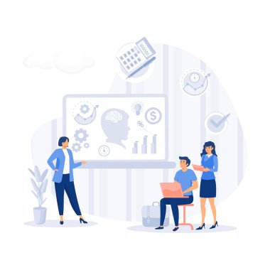 İnsanlar ve mali dökümanlarla dolu bir pano. Muhasebe iş planı, düz modern vektör illüstrasyonu