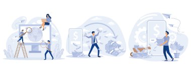 Ekranda Dünya Gezegeni olan masaüstü bilgisayarı, Dev Telefoncu Mobil Uygulama, Finansal İşlem ve Hızlı Para Transferini kullanarak Finansal Operasyonlar Yapıyor, düz vektör modern illüstrasyonunu ayarla