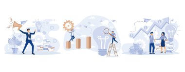 Parlak Uçan Yaratıcı Fikir Bulma, Girişim Geliştirme süreci, Ortaklık, risk yatırımı konsepti, düz vektör modern illüstrasyonunu ayarla