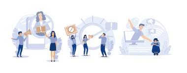 Sosyal medya davranışları. Kültürü, halkın tepkisini, internet eleştirilerini iptal et. Düz vektör modern illüstrasyonunu ayarla