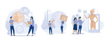Medya etkisi konsepti, post-truth, eko-rezalet, sanal etken, ekolojik aktivist, sosyal medya, düz vektör modern illüstrasyonunu ayarla