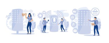 Ses komutu aygıtı uygulaması. Ses kontrolü, akıllı konuşmacı, akıllı hoparlör uygulamaları pazar yeri. Düz vektör modern illüstrasyonunu ayarla