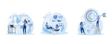 IT şirketinin soyut konsept vektör illüstrasyon setindeki iş analizi. Bilgi toplama, paydaşlara, iş hedeflerine ve hedeflere ulaşma, düz vektör modern illüstrasyon