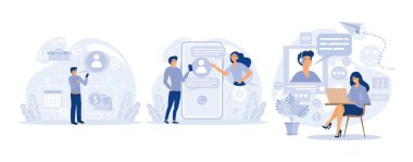 İnsanlar aygıtlar, akıllı telefonlar tabletler, kullanıcı arayüzü sosyal medya kullanıyor, düz vektör modern illüstrasyonunu ayarlıyor