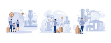 Uluslararası ve şehirlerarası insan göçü. Düz vektör modern illüstrasyon yerleştiriliyor