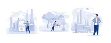 Çevre koruma tedbirleri, Hava Kalite Kontrolü, yeniden ağaçlandırma, gaz emisyonlarının azaltılması, yassı vektör modern illüstrasyonunu ayarla