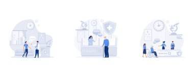 Modern klinik resepsiyonu, randevu için kayıt, engelli bir adamla bekleme odası. Sağlık hizmetleri. Düz vektör modern illüstrasyonunu ayarla