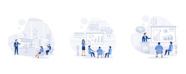 Seyirci önünde konuşan işletme koçu, Pie Diyagramları ve Sütun Grafikleri kullanarak, pazarlama, satış ve e-ticaret hakkında sunum ve profesyonel eğitim yaparak, düz modern vektör ilüstrasyonunu ayarladı