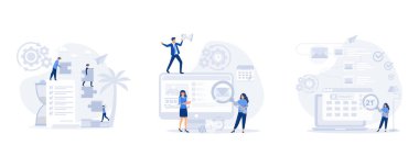 Proje yönetimi, başarılı strateji, motivasyon ve liderlik, görev tamamlama veya ilerleme izleme, düz modern vektör illüstrasyonunu ayarla