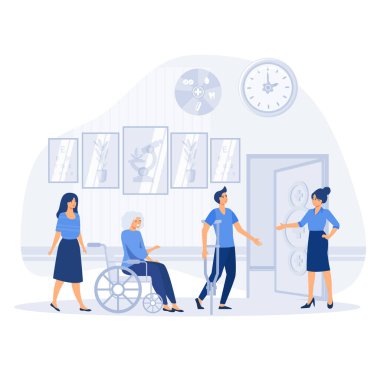 Hastane resepsiyonu hastalara yardım etmek için klinikte iyi iş çıkardı. Yüksek kaliteli sağlık hizmeti sunan bir sağlık tesisi. düz vektör modern illüstrasyon