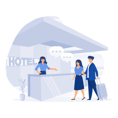 Resepsiyonist işi. Resepsiyondaki müşteri danışmanı. Düz vektör modern illüstrasyonla otele giriş yapan turistler