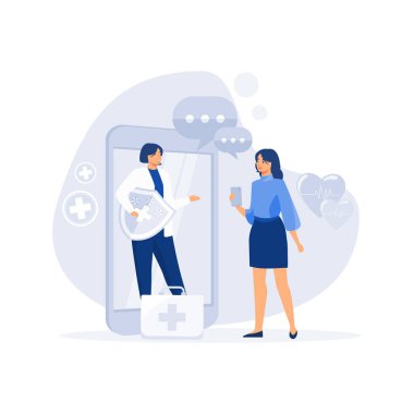 Mobil teletıp akıllı telefon uygulaması, sağlık hizmetlerini yönetmek için kullanışlı mobil cihaz aracı, düz vektör modern illüstrasyon