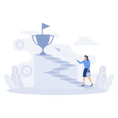 İş kadını altın kupa için merdiveni tırmanıyor, düz vektör modern illüstrasyon