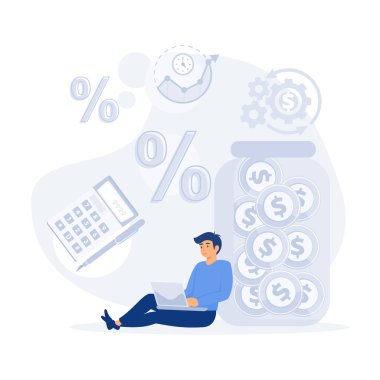 Hesaplama, muhasebe yatırım para konsepti, kâr hakkında düşünme. Ekonomik denetim, finansal analiz, vergi muhasebesi, fatura ödemesi, sabit vektör modern illüstrasyon.